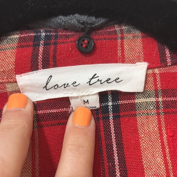Love Tree Red Plaid removable Hood long cardigan shirt with pockets M - Picture 3 of 11